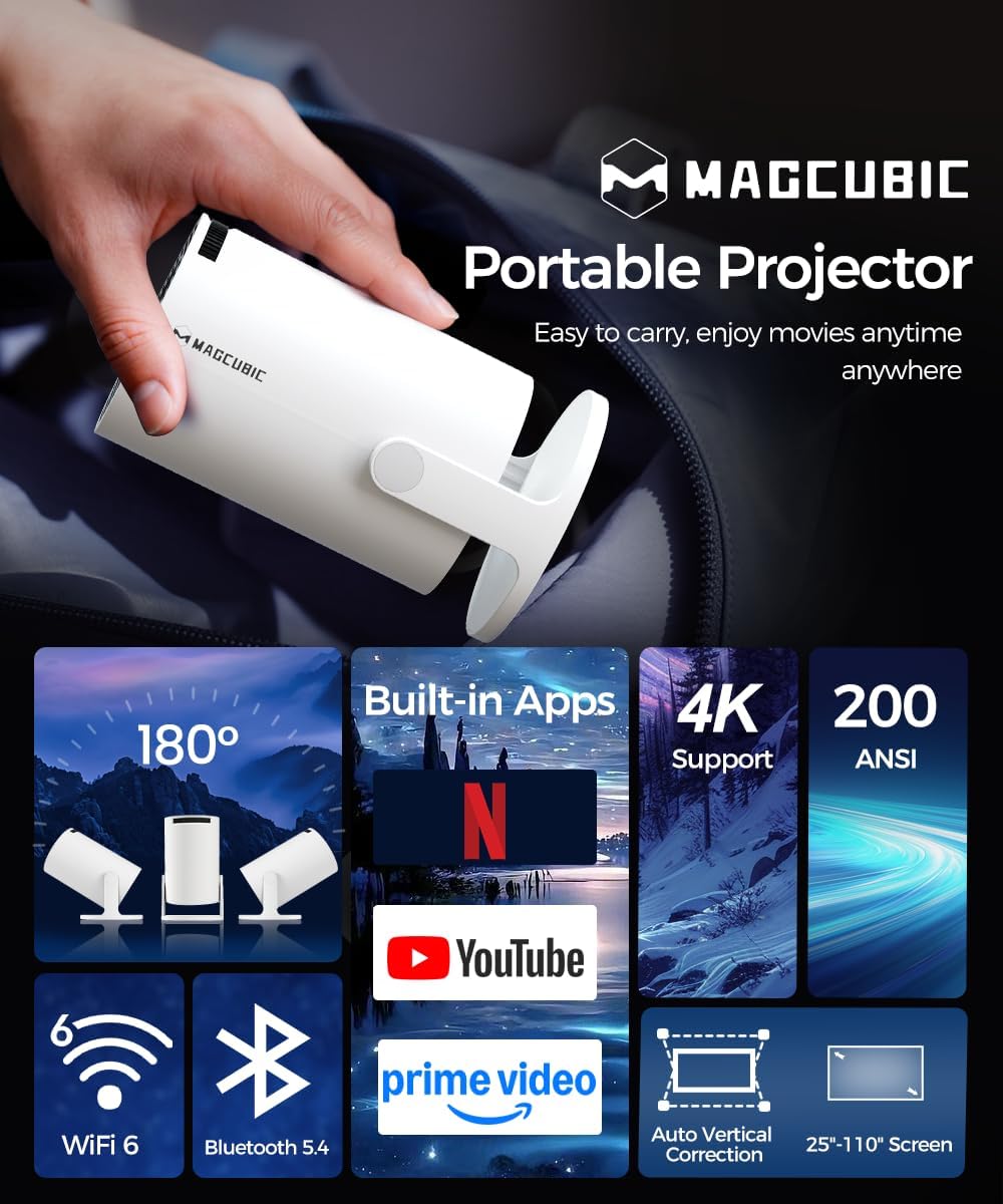 Magcubic Mini Beamer 4K Unterstützt Android 14, Smart Projector 5G WiFi 6 BT 5.4, Mini Projektor Full HD 1080P Unterstützt 200ANSI 8000L Auto Horizontal Trapezoid Correction (weiß)