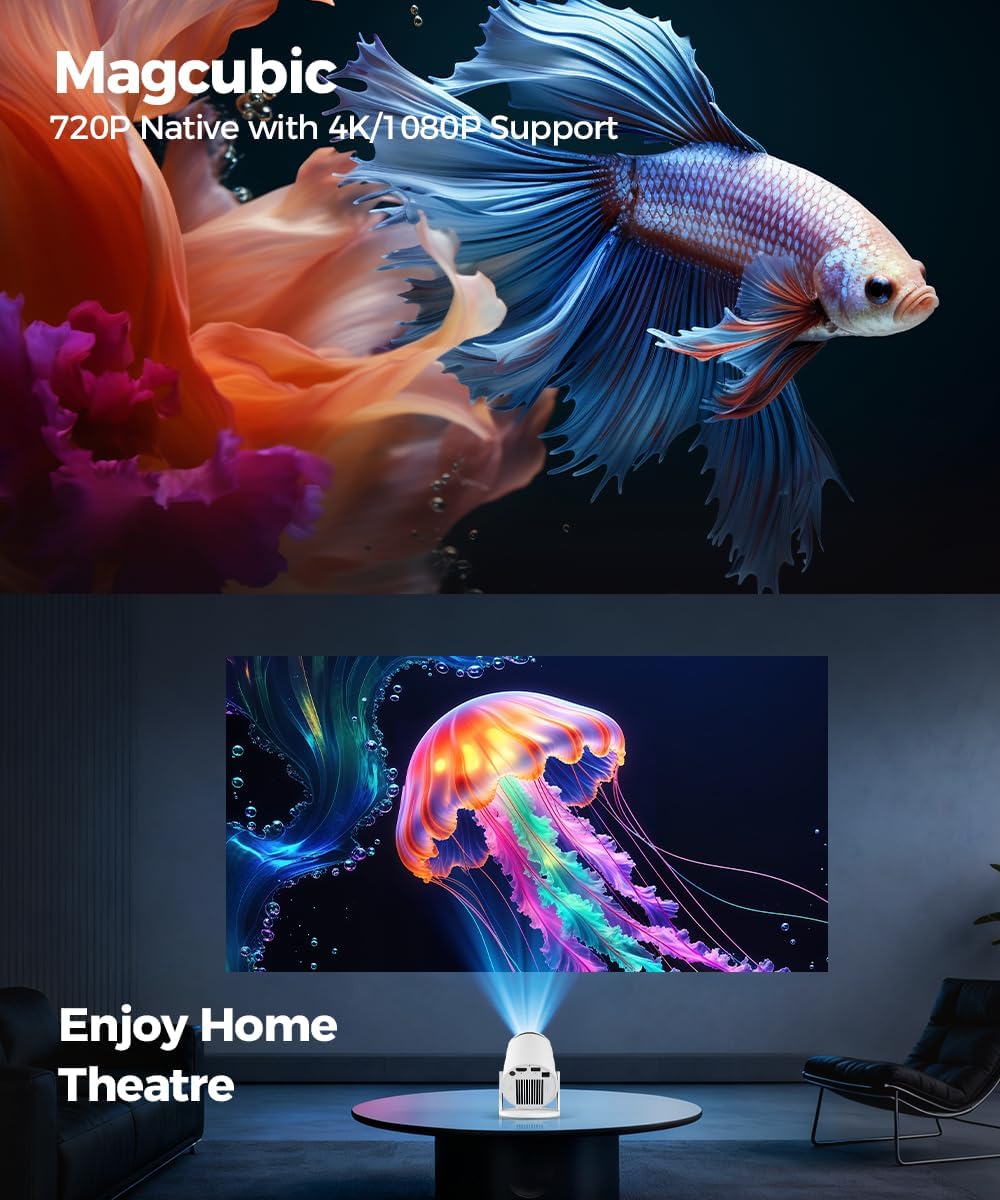 Magcubic Mini Beamer 4K Unterstützt Android 14, Smart Projector 5G WiFi 6 BT 5.4, Mini Projektor Full HD 1080P Unterstützt 200ANSI 8000L Auto Horizontal Trapezoid Correction (weiß)