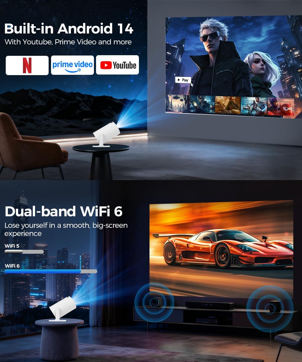 Magcubic Mini Beamer 4K Unterstützt Android 14, Smart Projector 5G WiFi 6 BT 5.4, Mini Projektor Full HD 1080P Unterstützt 200ANSI 8000L Auto Horizontal Trapezoid Correction (weiß)